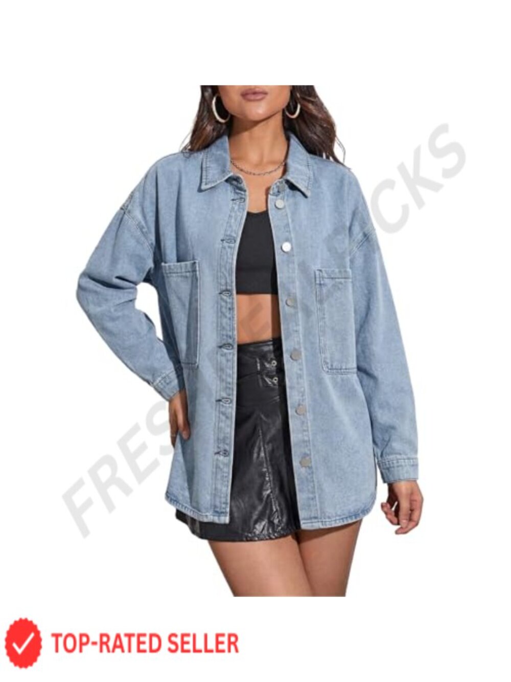 Women's Oversized Denim Shacket with Pockets, 98% Cotton, Button Down Jean Shirt